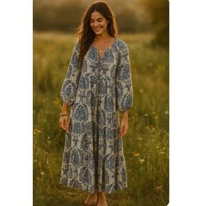 Dokotoo Medium Damask Beige Blue Maxi Dress Tiered NWT Balloon Peasant Boho